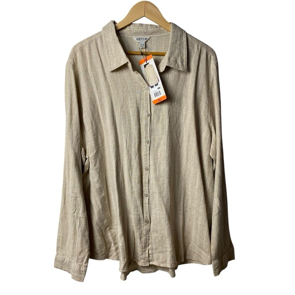 Orvis Linen Blend Button Up Top Womens XXL Taupe Stripe Coastal Lagenlook NWT